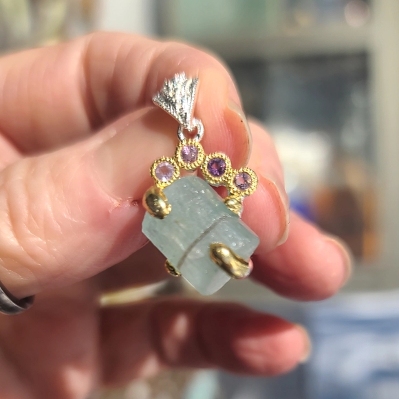 HUGE natural 15.1k Aquamarine pillar Amethyst & sterling pendant - Picture 6 of 7